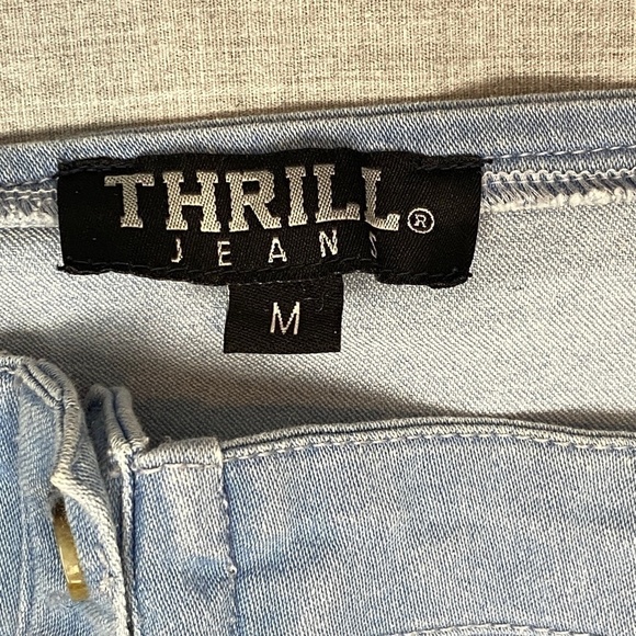 Thrill Jeans Denim Crop Top Sz Medium Button Collar Chest Cut Out - Picture 4 of 6